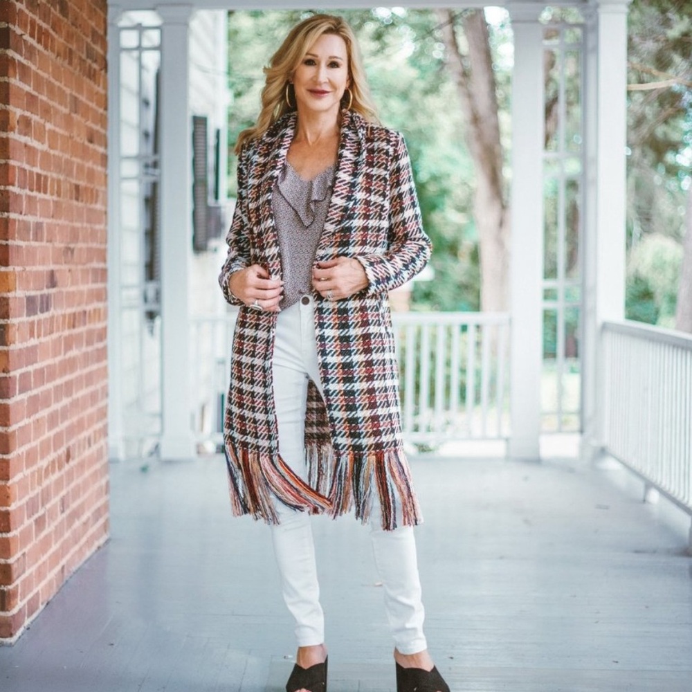 Cabi, Plaid Coat with Fringe, size S